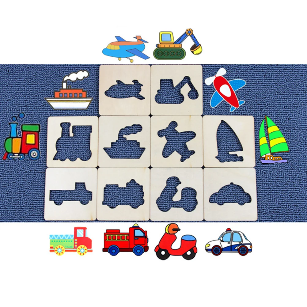 Zeichenvorlagen aus Holz für Kinder, 55, wiederverwendbare Schablonen, Obst, Tiere, Verkehr, DIY-Malset für Kinder ab 3 Jahren