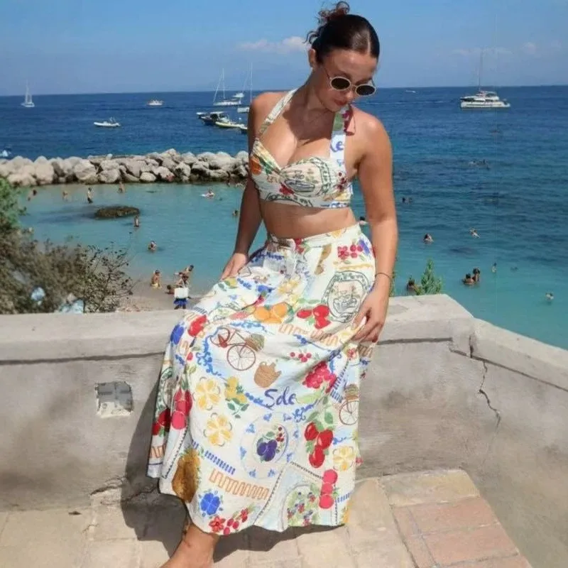 

Beach Suspenders Dress Sets Printed Bikini Halter Vest Top +Maxi Skirts Two Pieces Boho Vacation Coastline Outfits Vestidos Suit