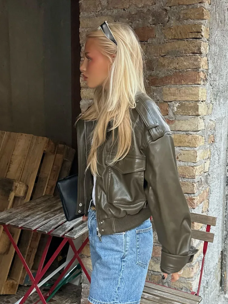 HH 2025 Cappotti moda autunno donna Solido collo alto maniche lunghe Tasche Decorazione Cerniera Giacca stile Streetweer femminile