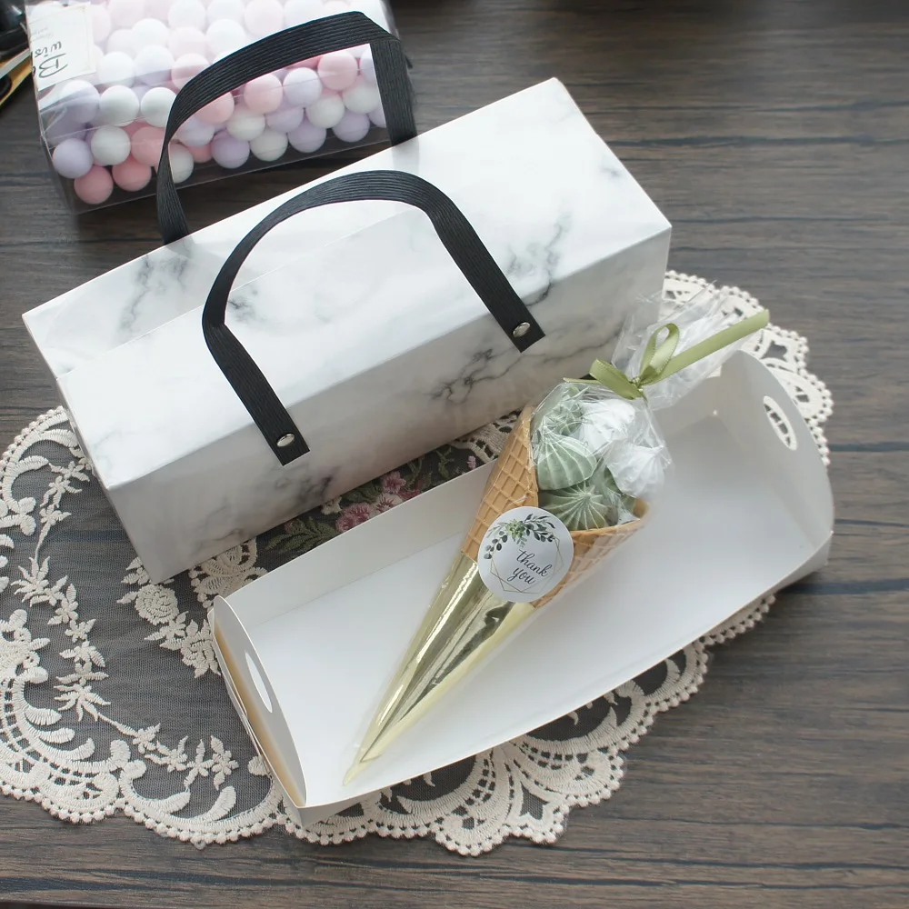 

5pcs White Marble Style Paper Box with Handle Roll Cake Candy Cookie Chocolate Gift Packaging Wedding Birthday Use