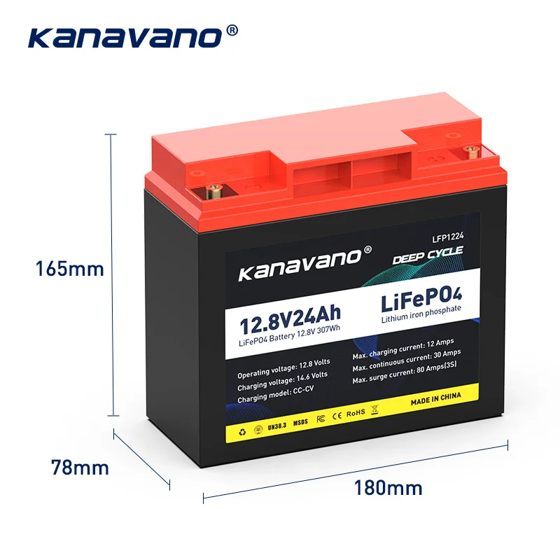 Kanavano Rechargeable 12v 24Ah Lifepo4 Battery Pack For Solar Energy Storage Systems Deep Cycle Battery With 4A EU/US Charger