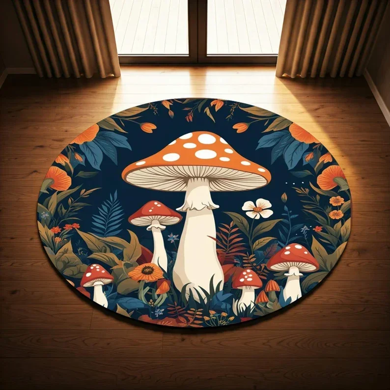 Enchanting Mushroom Round Floor Mat - Big Mushrooms & Lush Foliage on Dark Blue, Soft & Non-Slip, Magical Room Decor