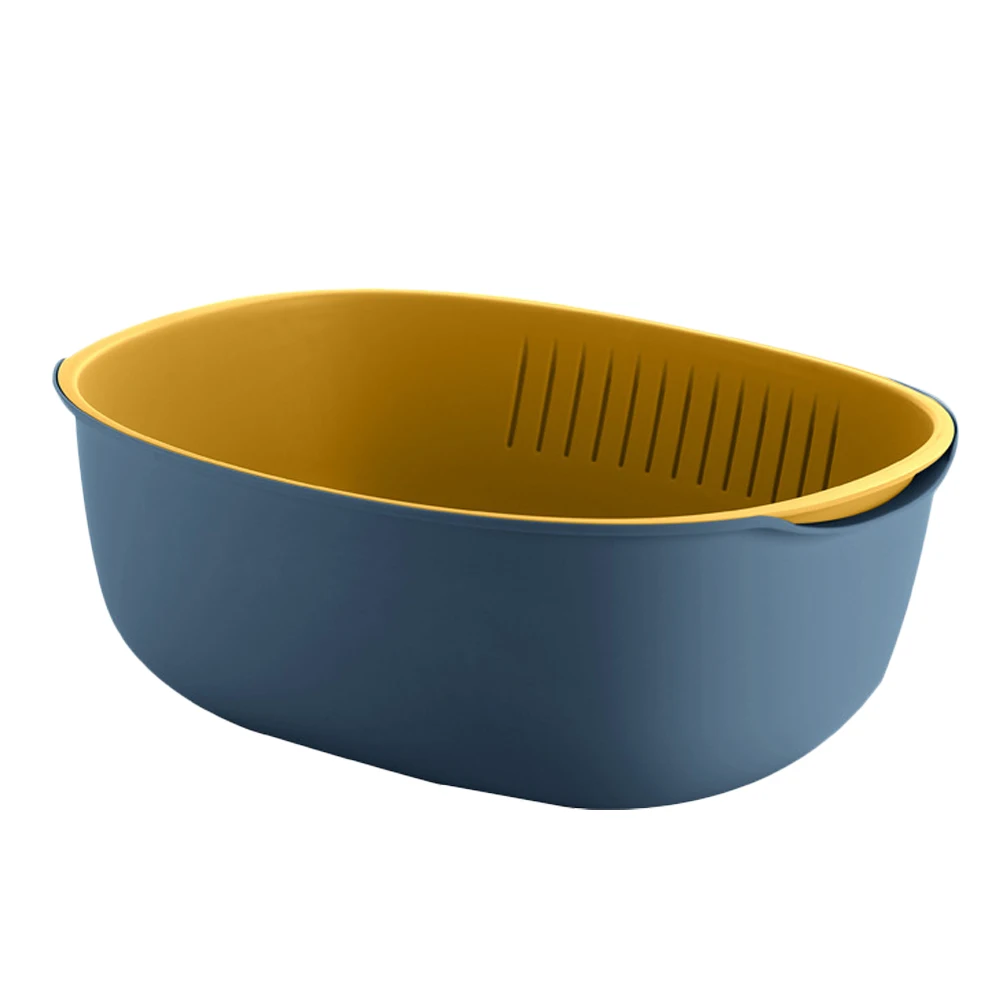 

1pc Plastic Draining Basket Double Layer Fruit Vegetable Strainer Kitchen Sink Organizer Space Saving Portable Oval Dark Blue