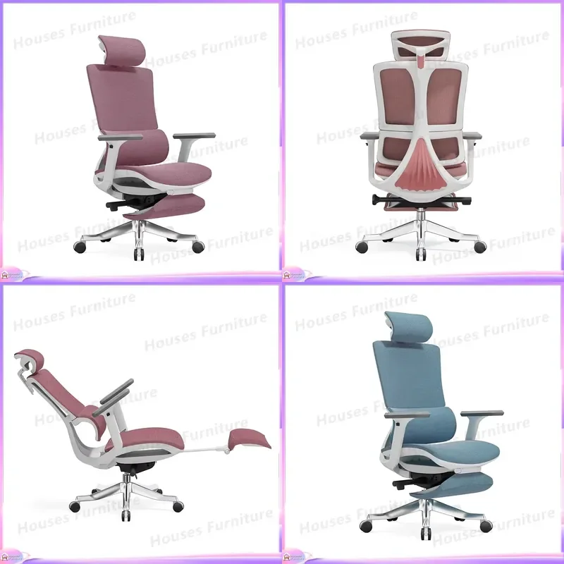 Cadeira de Escritório Ergonômica Moderna Rosa com Tecido Totalmente em Malha, Apoio de Cabeça e Apoio para os Pés Ajustáveis, Giratória, para Computad