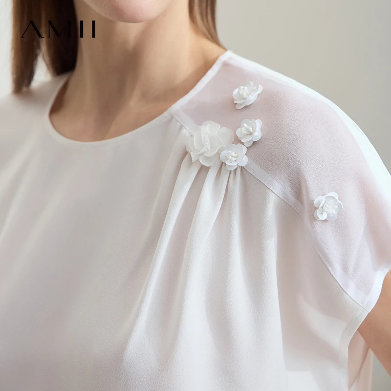 Amii Minimalist Chiffon Blouse for Women Summer New Solid Color O-Neck Elegant Tops Loose Short Sleeves Flower Blouse 12512026