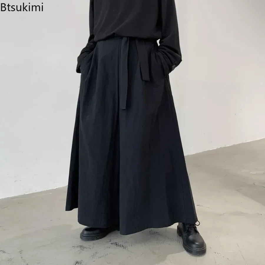 2024 New Men's Chinese Style Wide Legs Pants Hanfu Kimono Tang Suit Men Black Casual Trousers Male Samurai Pants Kendo Uniforms