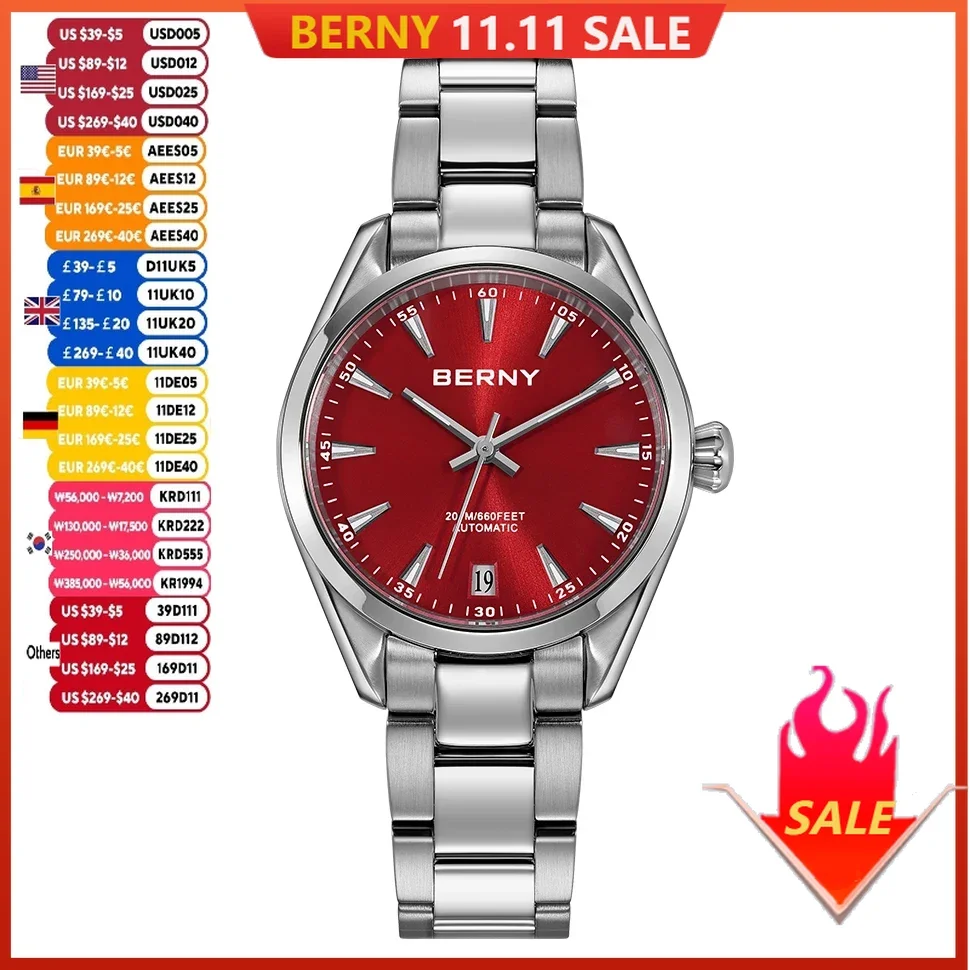 BERNY Women Watch Automatic Mechanical Full Stainless Steel Sapphire Elegant Women's Swim Watches Calendar 20ATM Wristwatch