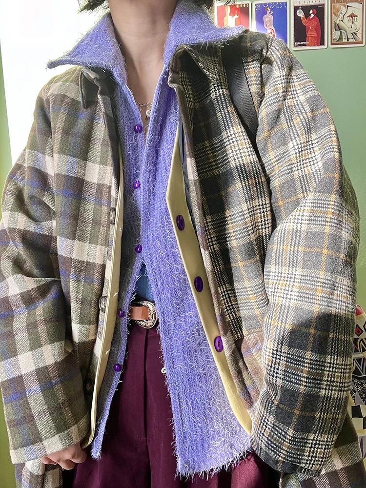 

Bantong Original Retro Patchwork Thiened Woolen Cotton Plaid Coat Collar Single Button Long Sve Winter Outerwear