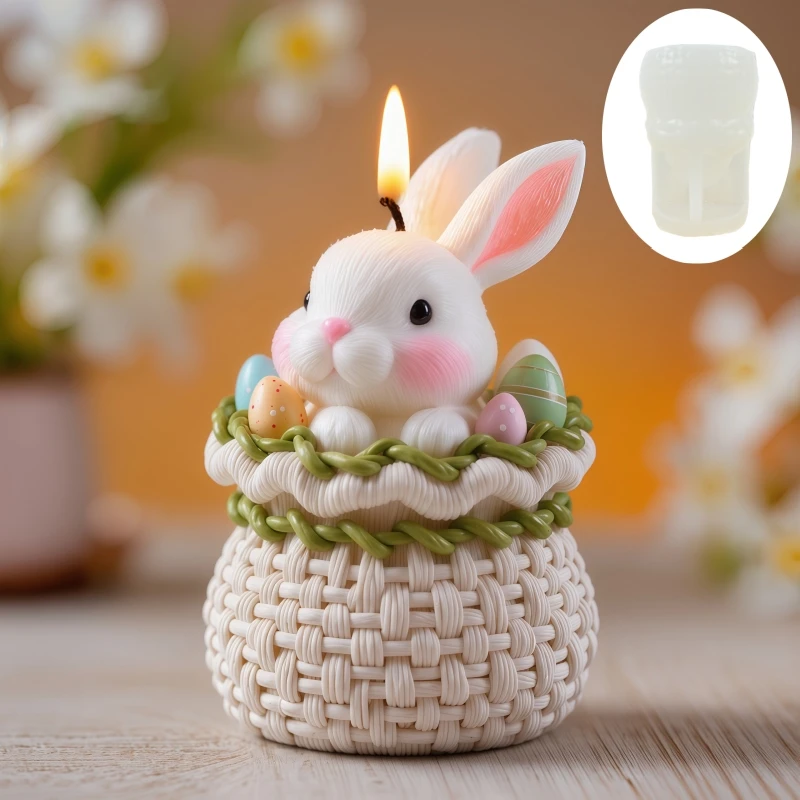 Smiling Cute Rabbit Weaving Flower Basket Candle Silicone Mould Easter Gift Filled with Easter Egg Rabbit Resin Gypsum Molds