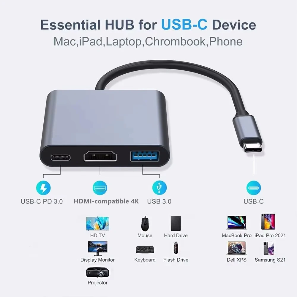 3 In 1 Usb-C Usb Hub Male To Female Hdmi-Compatible 4k Usb 3.1 Type-C To Usb 3.0 Charging Adapter For Macbook Air 12 Converter