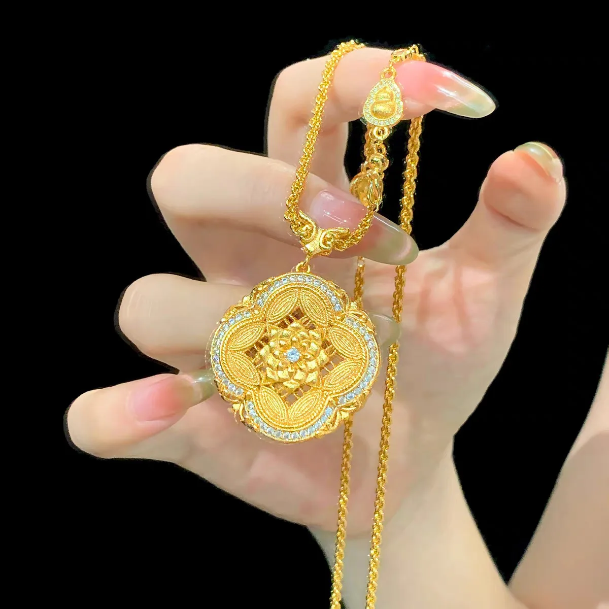 Gold store 9999 24K real gold brushed gourd four-in-one Ruyi necklace for women new Chinese style versatile necklace