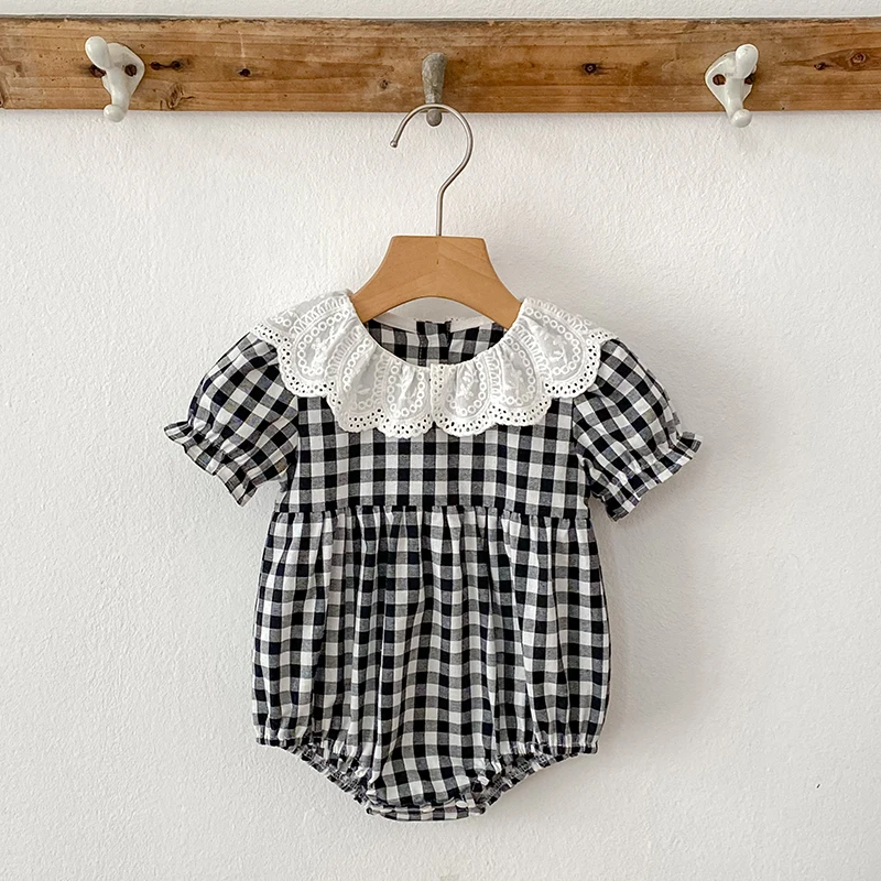 

Fashion Clothing Summer Girls Jumpsuits Toddler Infant Baby Girl Short Sleeve Doll Collar Plaid Button Romper Jumpsuit Outfit