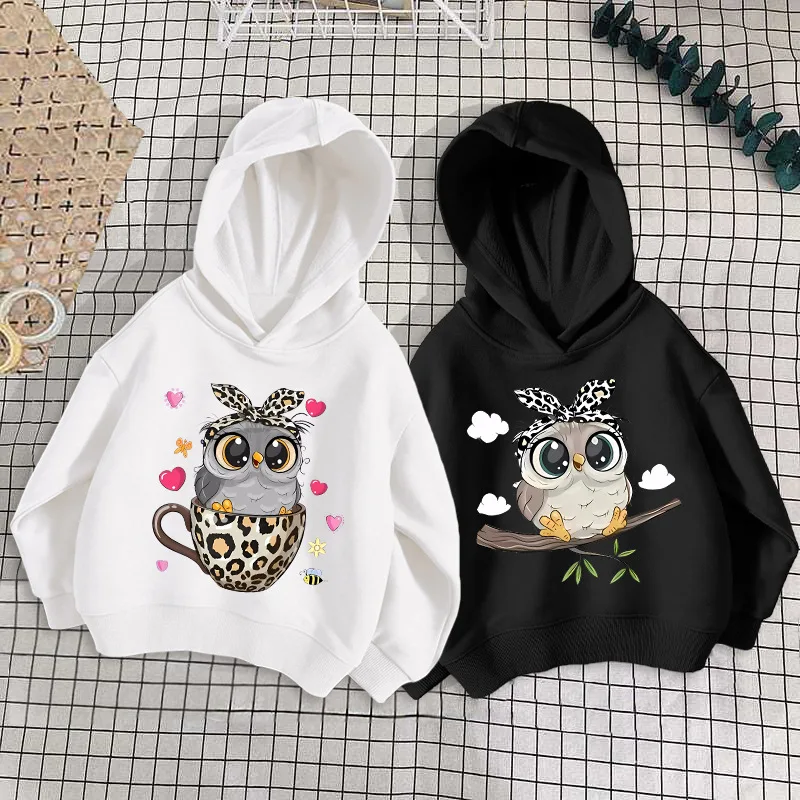 

Owl Print Girls Fashion Hoodie Off Shoulder Hoodie Print Loose Long-sleeved Coat New Children's Top Sweatshirts Clothes