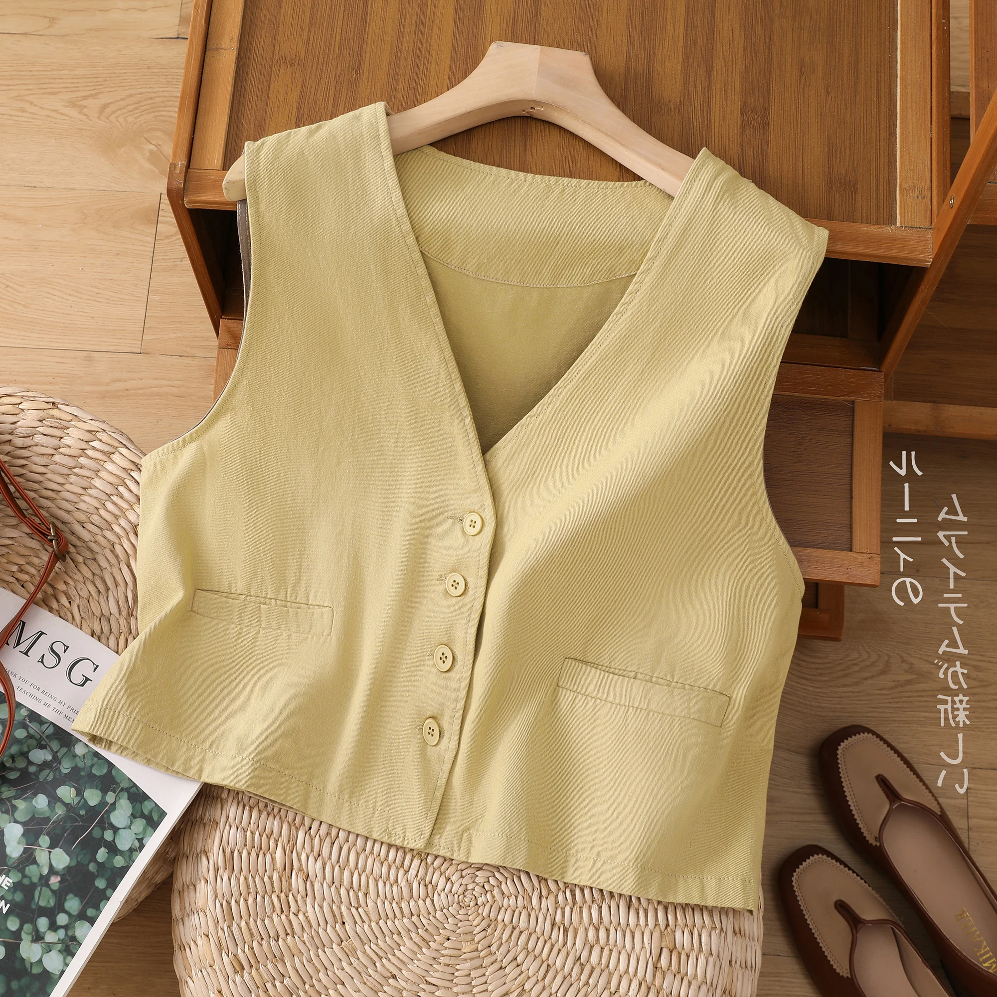 Beige Coffee Cotton Suit Vest For Women Spring Summer V-neck Button Sleeveless Short Jacket Cardigan Elegant Lady Waistcoat Tops