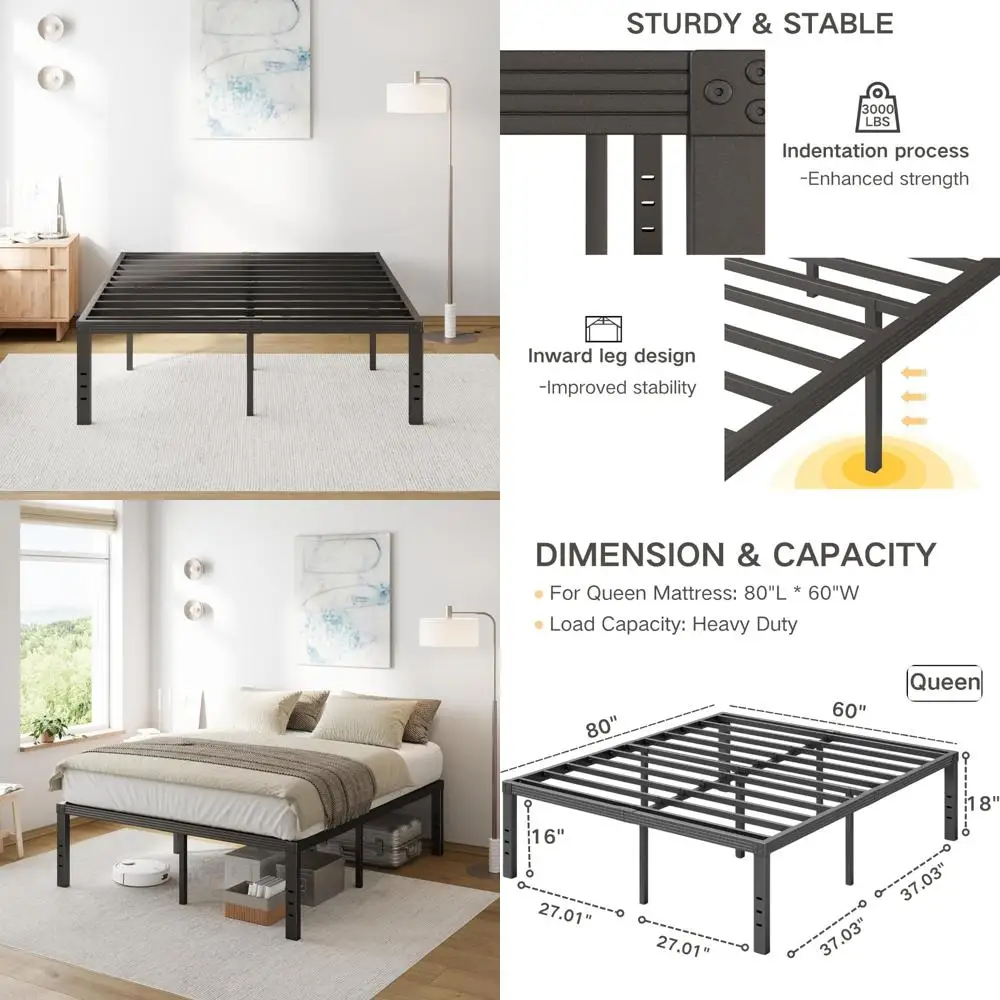 COMASACH Queen Bed Frame Heavy Duty,18 Black Metal Platform Bed Frame,Sturdy Steel Frame,No Box Spring Needed,Noise-Free,Easy As