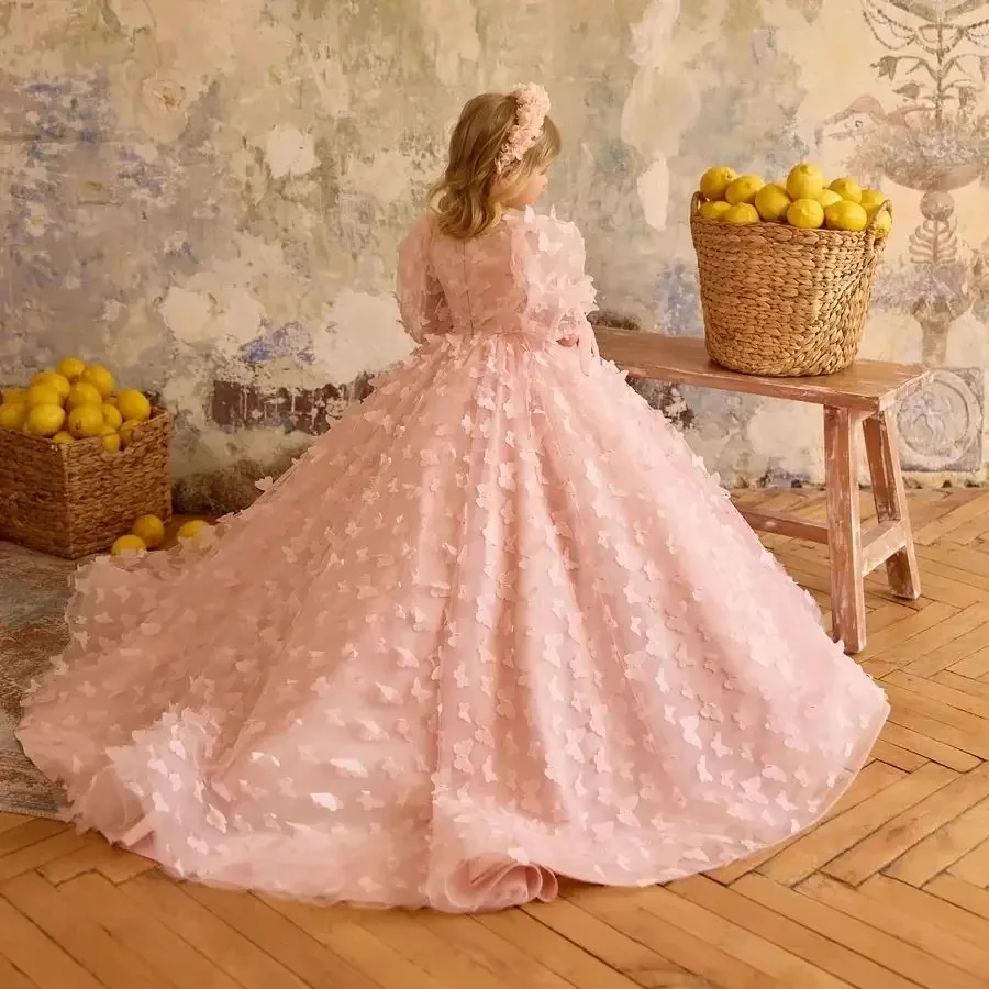 

Pink Flower Girl Dresses for Wedding Floor Length Butterfly Appliques Girl Gown for Photoshoot First Communion Gowns Customized