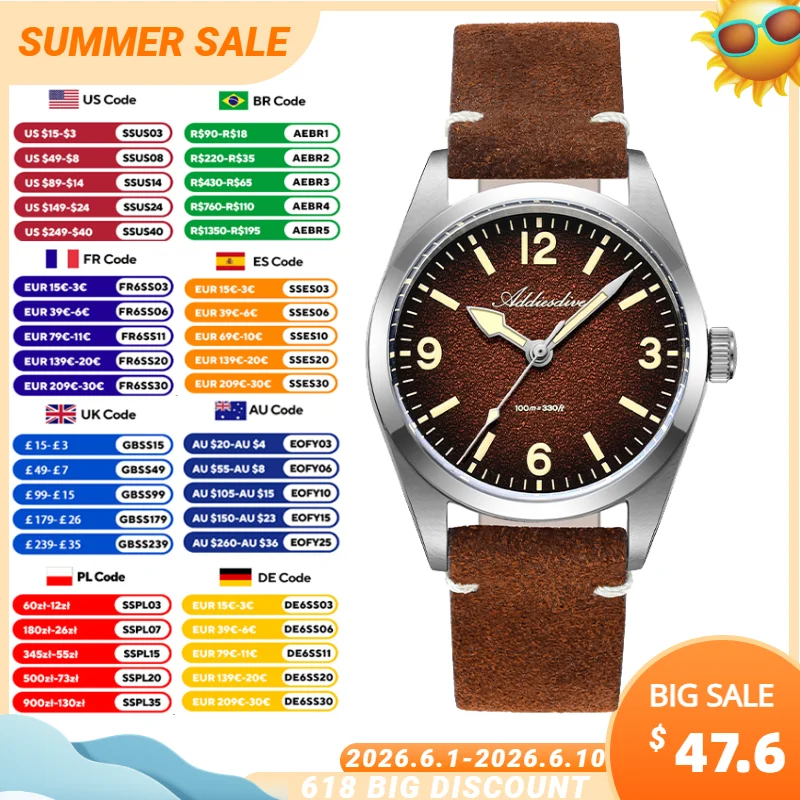

ADDIESDIVE Men's Quartz Watch Luxury Sapphire Glass Wristwatch AD2544 Super Luminous Leather Strap 100m Waterproof Watches Male