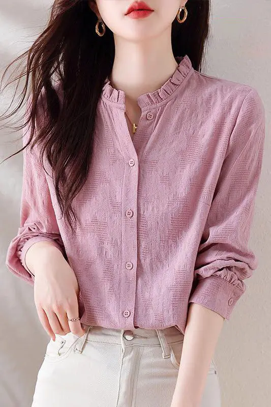 

Autumn Winter New Fashion Standing Neck Long Sleeved Blouse Casual Versatile Western Solid Color Loose Clothing Women's Shirts