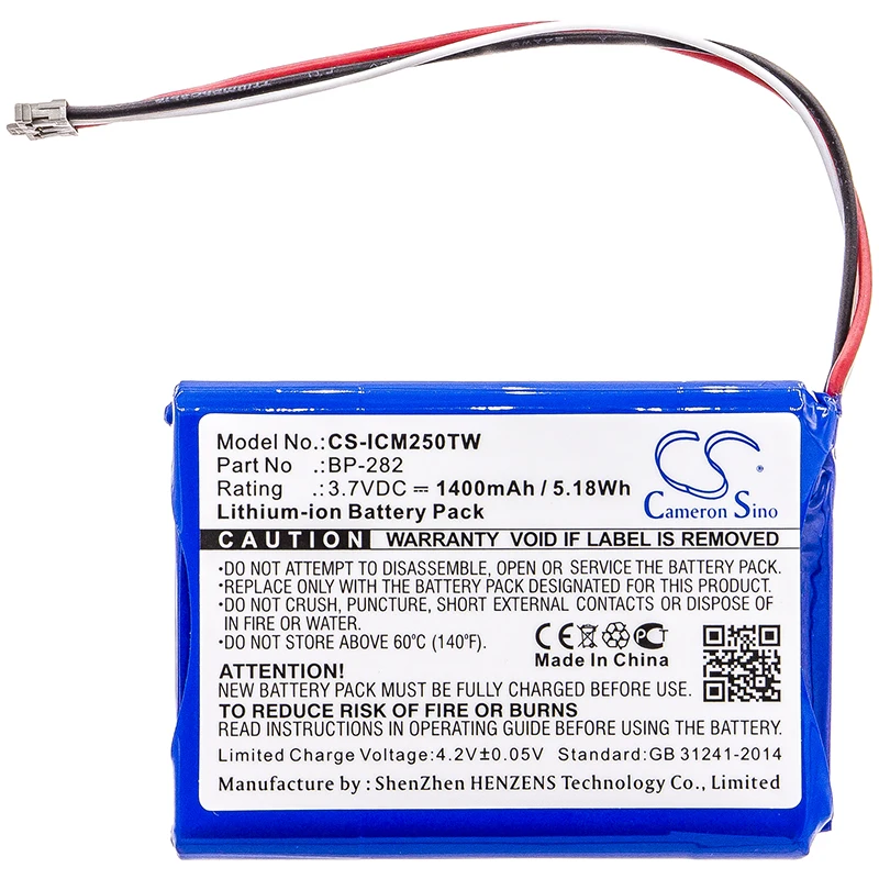 CameronSino Two-Way Radio Battery 3.7V/1400mAH BP-282 for Icom IC-M25