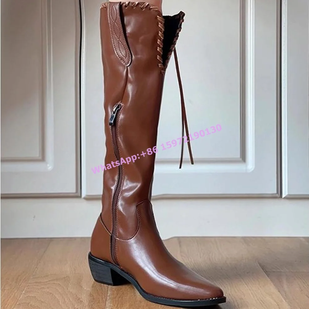 

Brown Sewing Tied Boots Pointy Toe Square Heels Side Zipper Knight Knee High Boots Cowgirls Retro Concise Winter Basic Shoes