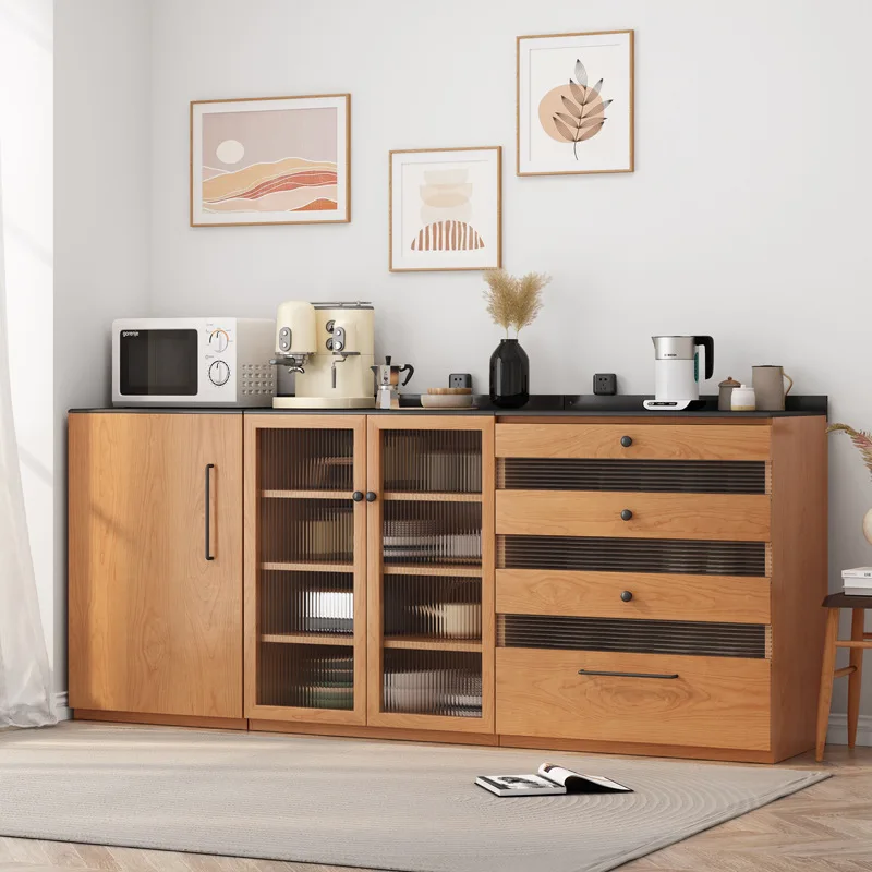 LH solid wood dining side cabinet, household living room glass door rock slab cabinet is stored against the wall