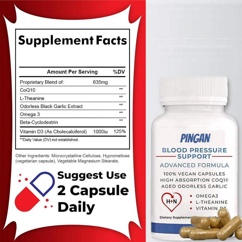 Blood Pressure Support Black, Odorless Aged Garlic, Coq10, Β - Cyclodextrin, Omega 3, L-theanine, and Vitamin D3 | 60 Capsules