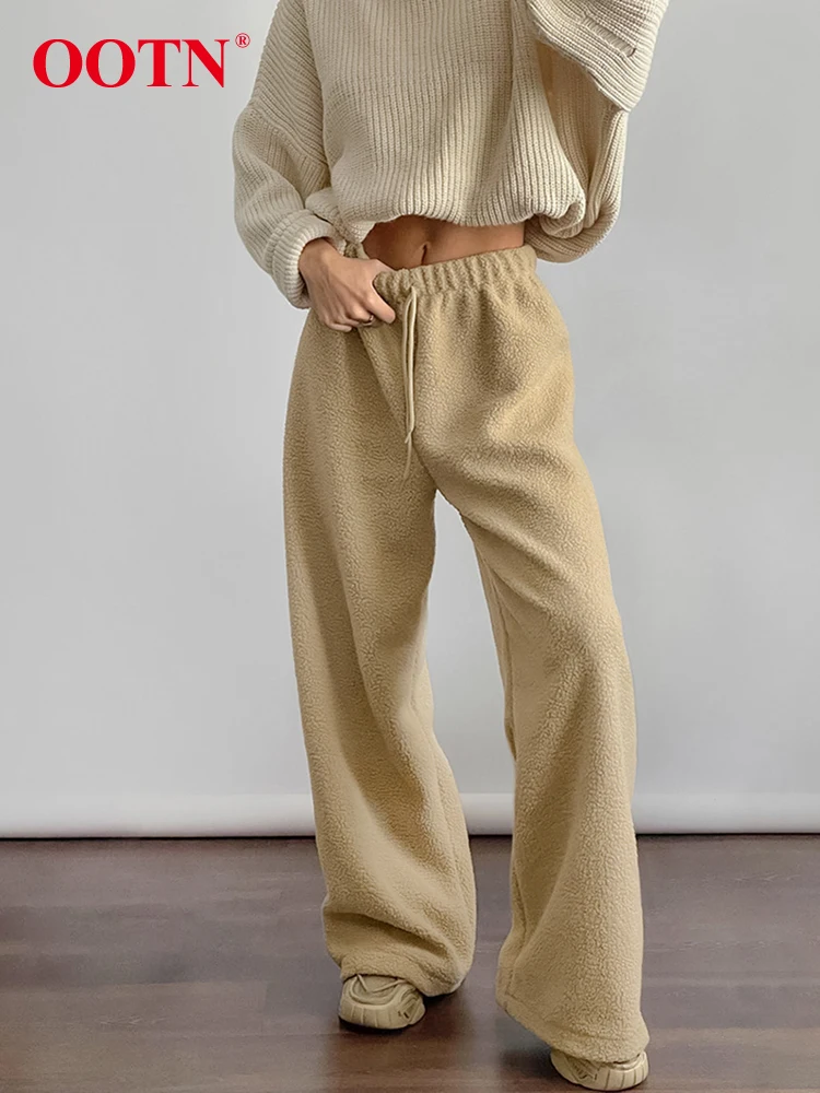 OOTN White Warm Polar Fleece Drawstring Pants Sport Street Style High Waist Knitwear Wide Legs Pants Autumn Winter 2024 Female