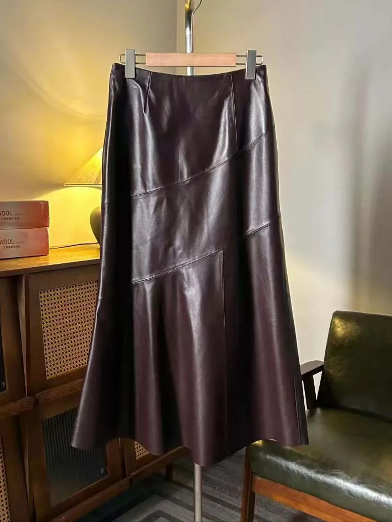 Leather Long 90cm Skirt Women New Fashion Attractive Seam Design Maxi Skirt Ladies Faldas Largas Streetwear Mermaid Skirt