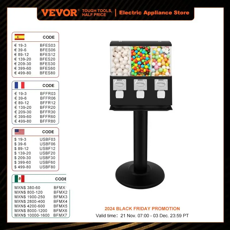 VEVOR Triple Candy Gumball Vending Machine Dispenser W/ Keys Outdoor Amusement Park Gaming Store Selling Bouncy Ball Capsule Toy