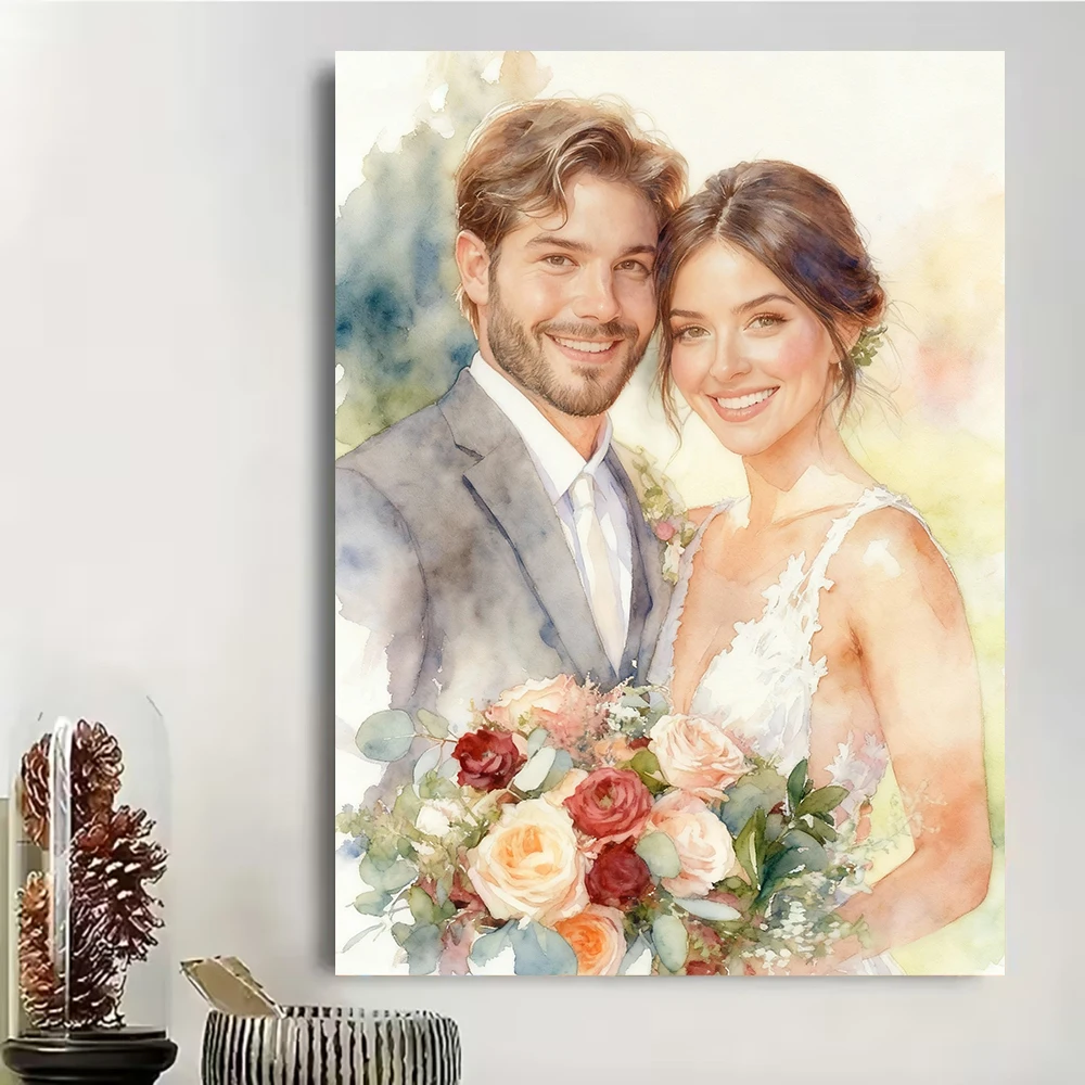 Customize Your Photos Watercolor Style Canvas Print Romantic Wedding Photos Family Animal Wall Art Poster for Modern Home Decor