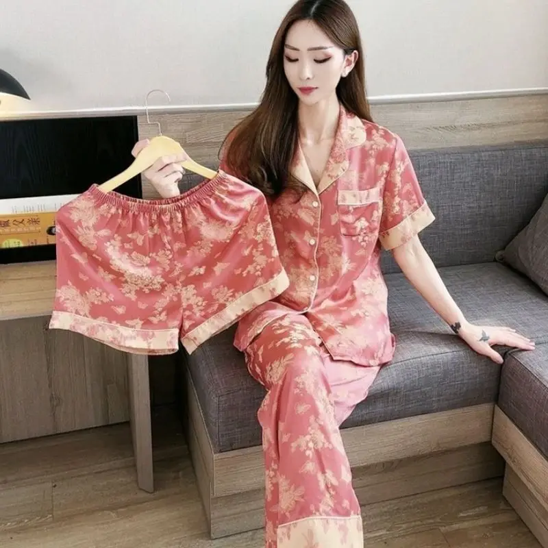 Silk Pajamas Sets Women's Summer Chinese Style Short Sleeve Print Sleepwear Two-piece Suit Thin Light Luxury Chiffon Loungewear