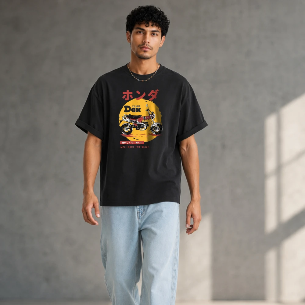 Retro Bike Art Graphic Premium Cotton Fit Short Sleeve Hand Painted Motorcycle Tee for Riding Enthusiasts Harajuku Men Clothing