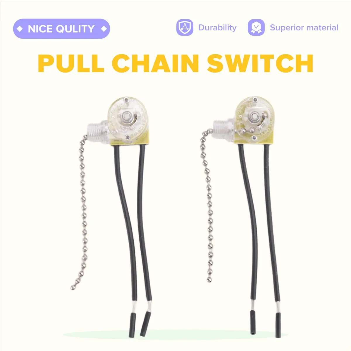[A64E] Ceiling Fan Light Switch Zing Ear ZE-109 Two-Wire Light Switch with Pull Cords for Ceiling Light Fans Lamps 2Pcs Silver