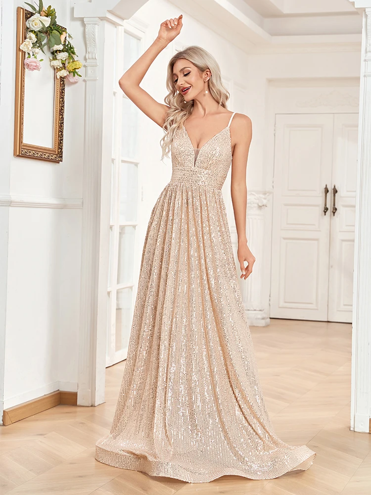 XUIBOL elegante profondo scollo a v paillettes abito da sera formale 2023 donne Sexy Backless Aline abito lungo festa di nozze Prom vestido