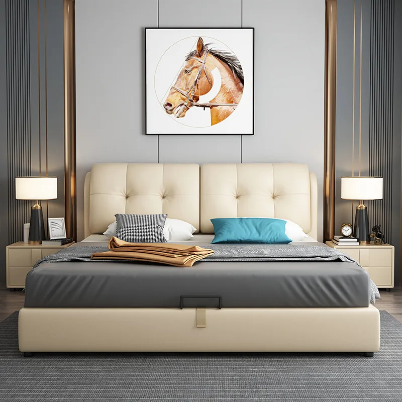 #Modern Minimalist Master Bedroom Technology Cloth Double Bed Soft Package Tatami Wedding Bed Luxury Leather Bed