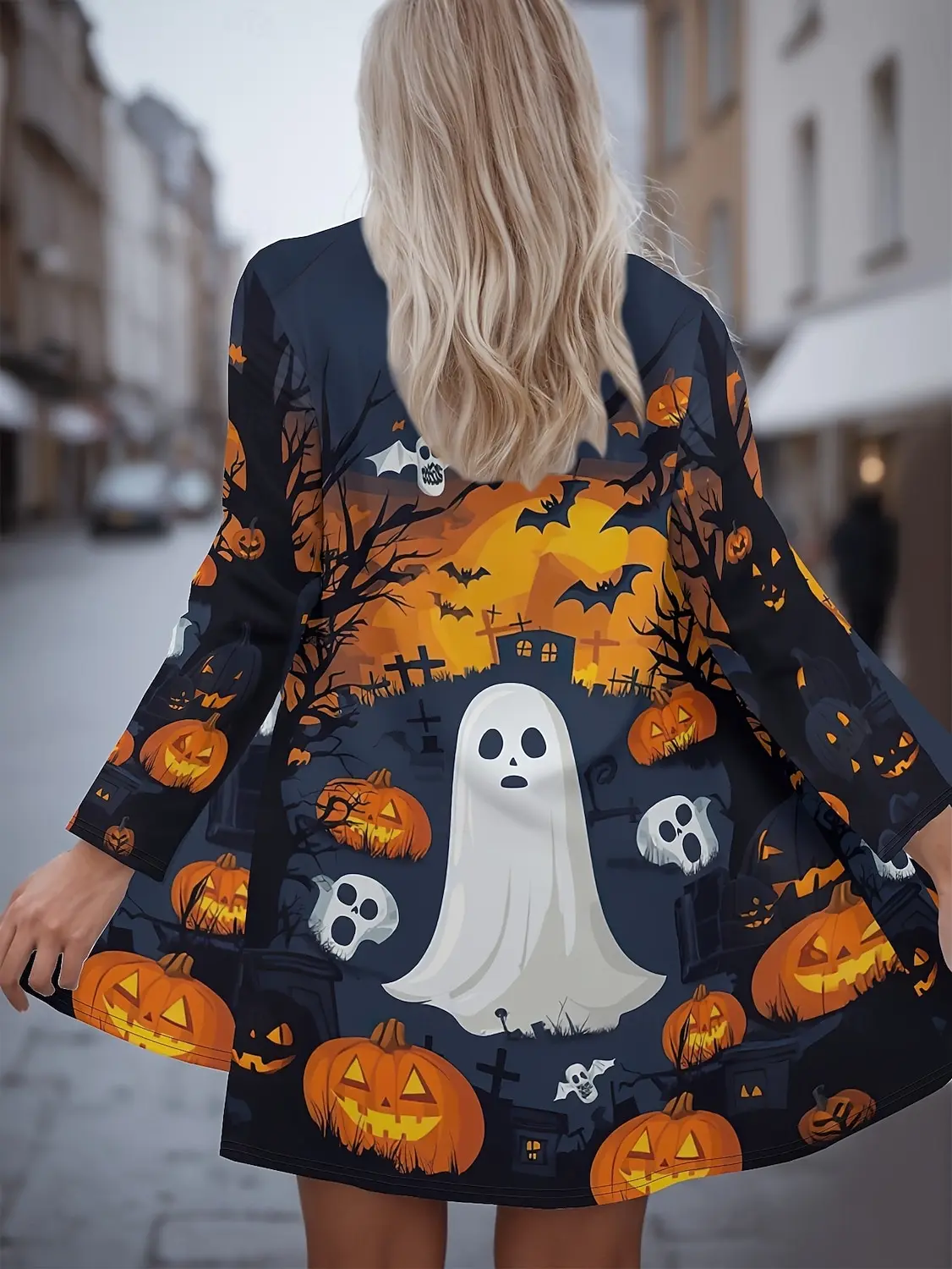 

Halloween Women's 3D Print pumpkin ghost Long Sleeve Cardigan, Polyester Open Front, Lightweight Cover Up,Autumn Casual Coat