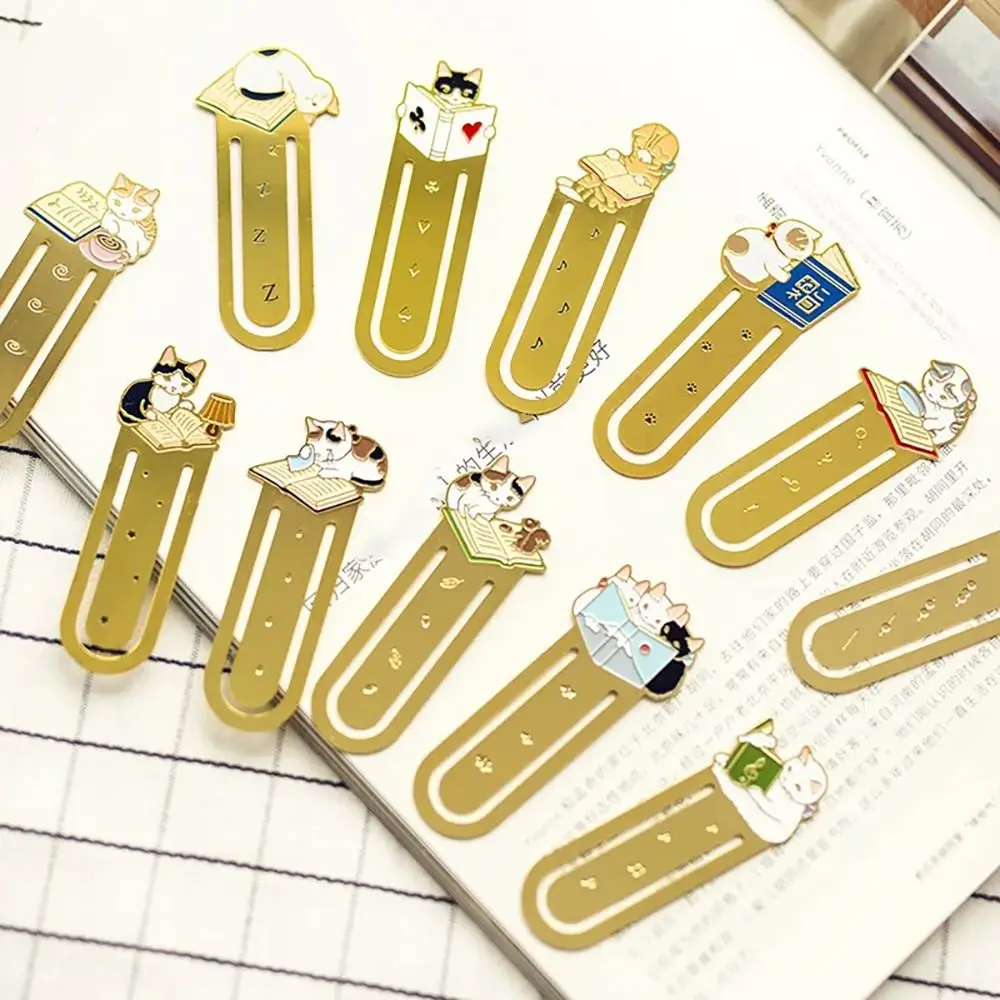 Japanese -Style Metal Bookmark Kawaii Cat Reading Book Clip Creative Pagination Mark for School and Office Supplies Hollowing