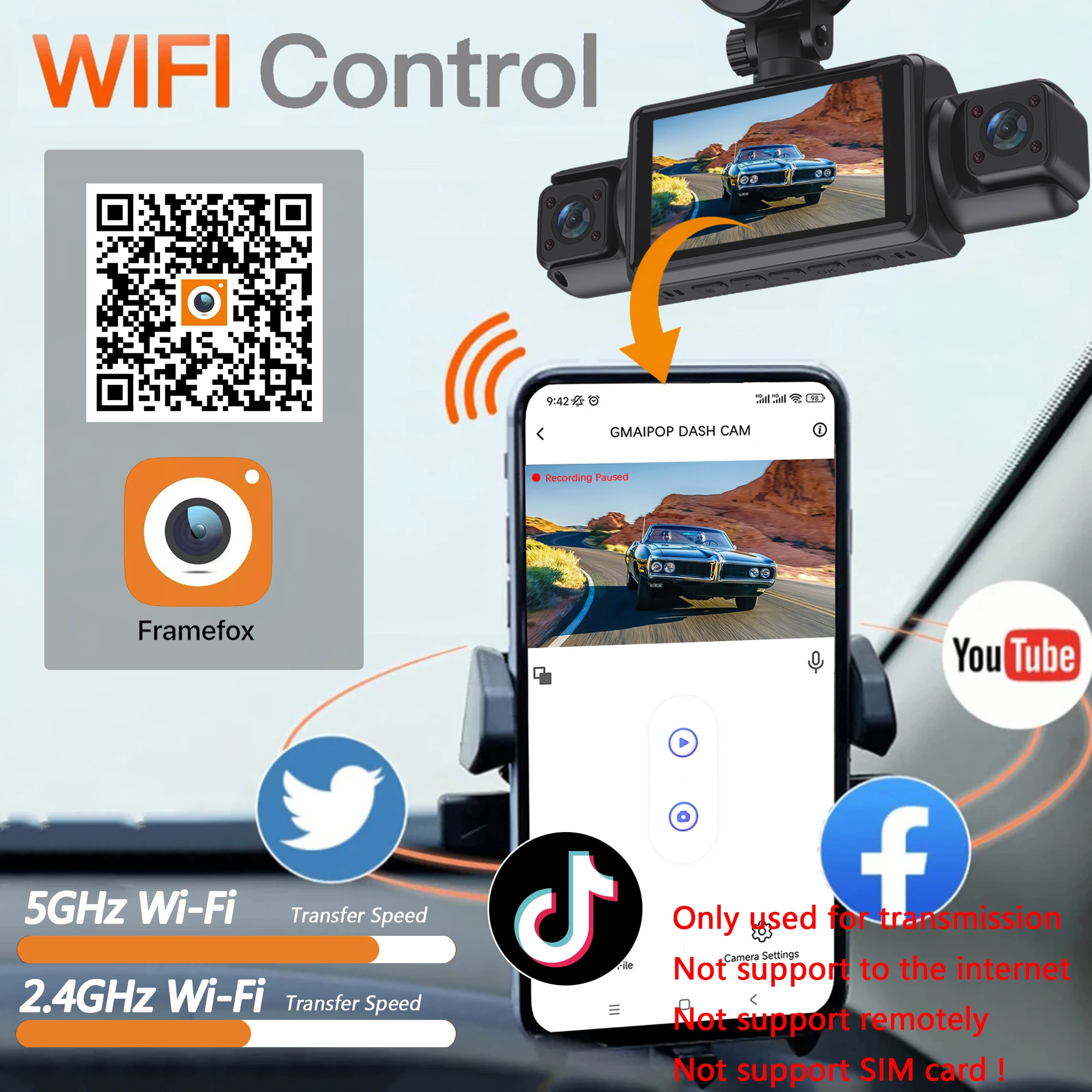 4Ch WiFi Dashcam car camera Black Box Driving DVR FHD 1080P Front Left Right Rear Night Vision Loop Recording Hardwire kit