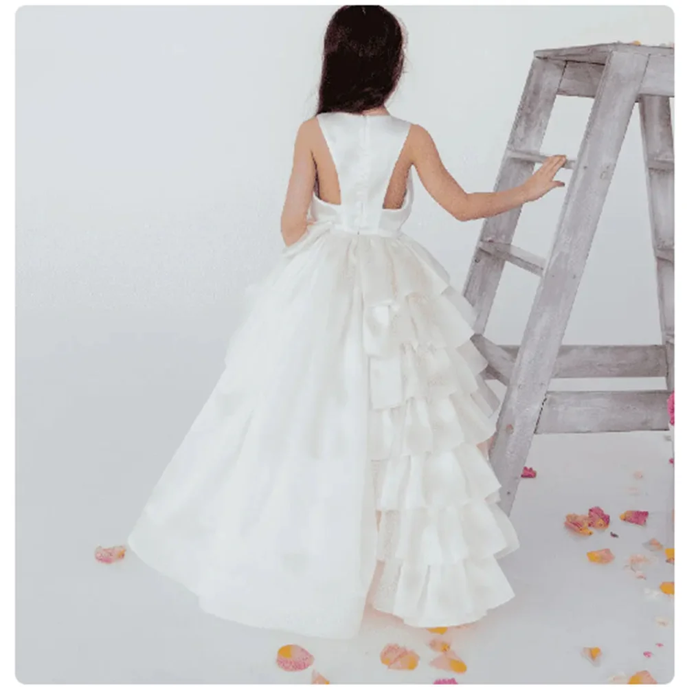 Vestido de flores escalonado blanco elegante para niña, vestido de noche de princesa para niños, fiesta de boda, cumpleaños de Dubái