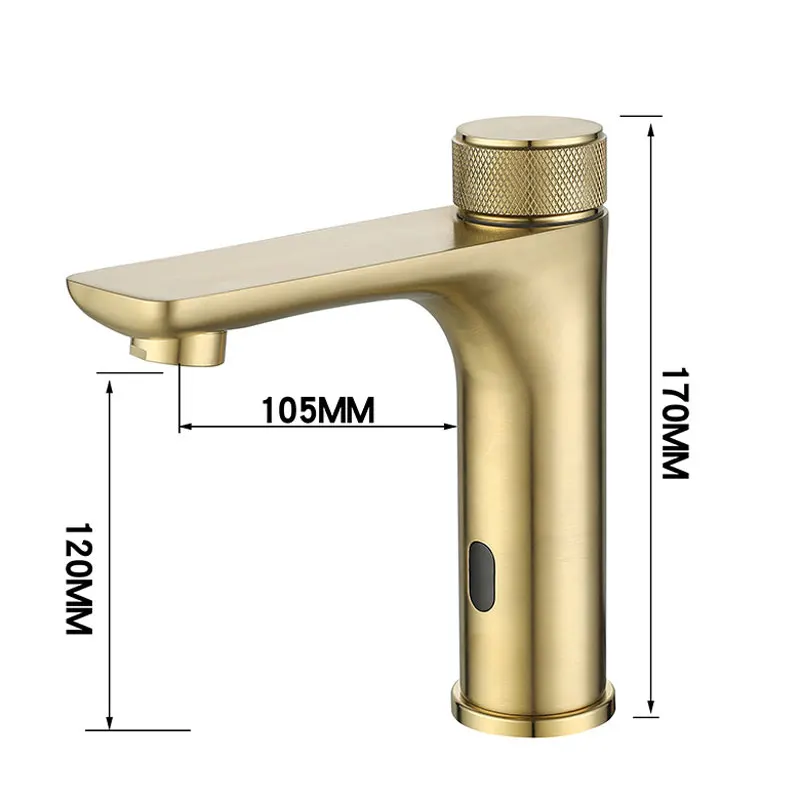 Smart Brushed Gold Brass Bathroom Sink Faucet Touchless Sensor Basin Faucet Hot Cold Water Mixer Tap Battery Power Single Hole