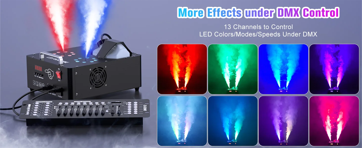 U'King 2000W Doppelrohr-Nebelmaschine, DMX512 8+8 RGB 3IN1 LED Rauchmaschine, Bühnen-Farbsprühgerät, Hochzeits- und Bankett-Farbnebelmaschine – Detail 2