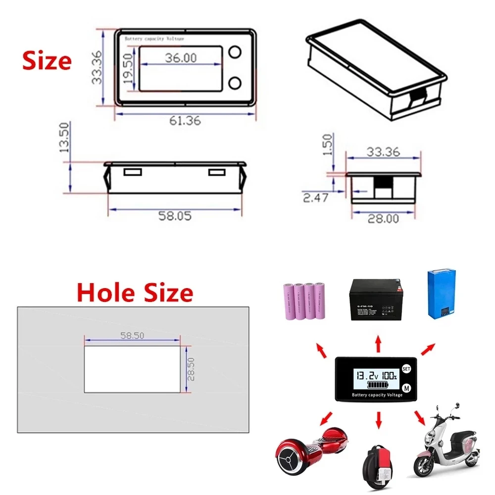 Battery Capacity Indicator DC 8V-100V Lead Acid Lithium LiFe PO4 Car Motorcycle Voltmeter Voltage Gauge 12V 24V 48V 72V