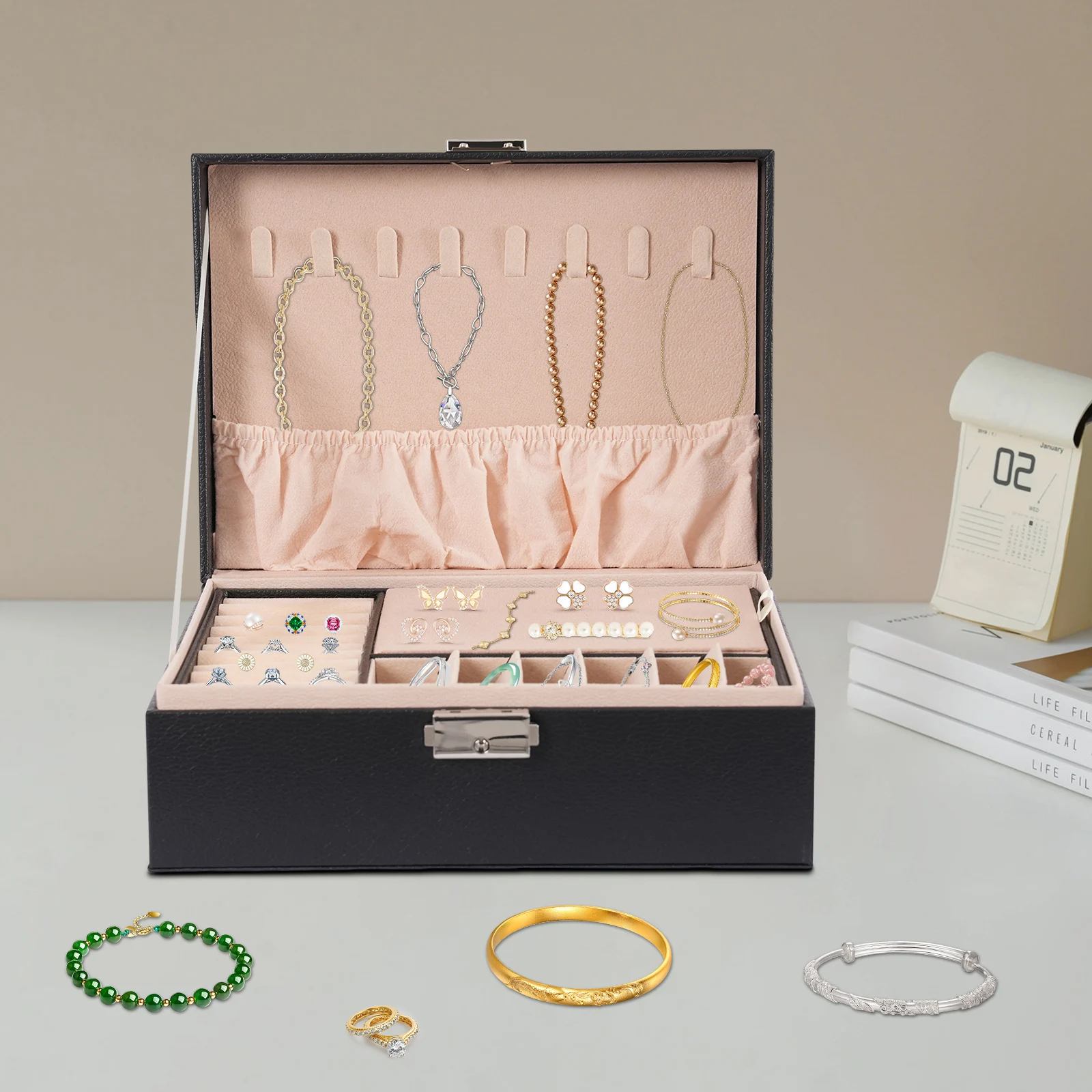 2-stufiger Schmuck-منظم قفل الأمان الأسود PVC منضدية لتخزين خواتم أقراط أساور دبابيس الساعات القلائد