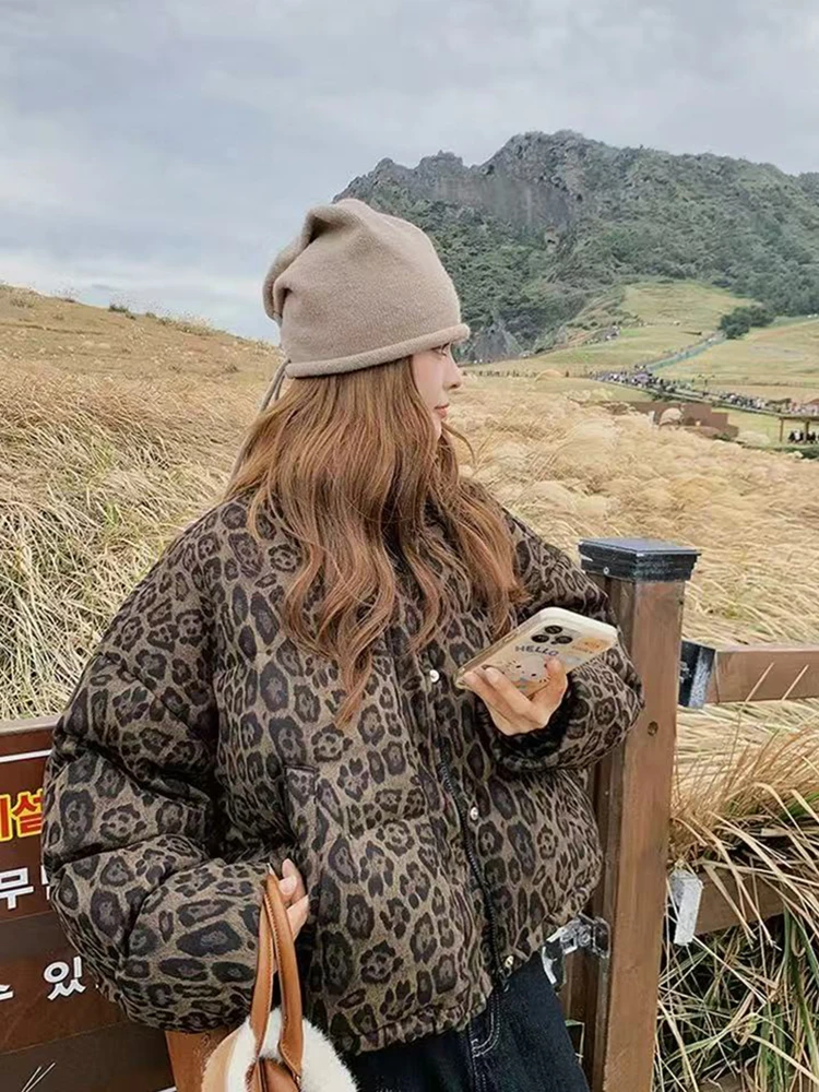 Vintage Leopard Print Parkas Coats Women Winter Warm Standing Collar Crop Down Jacket Y2K Streetwear All Match Zipper Outerwear