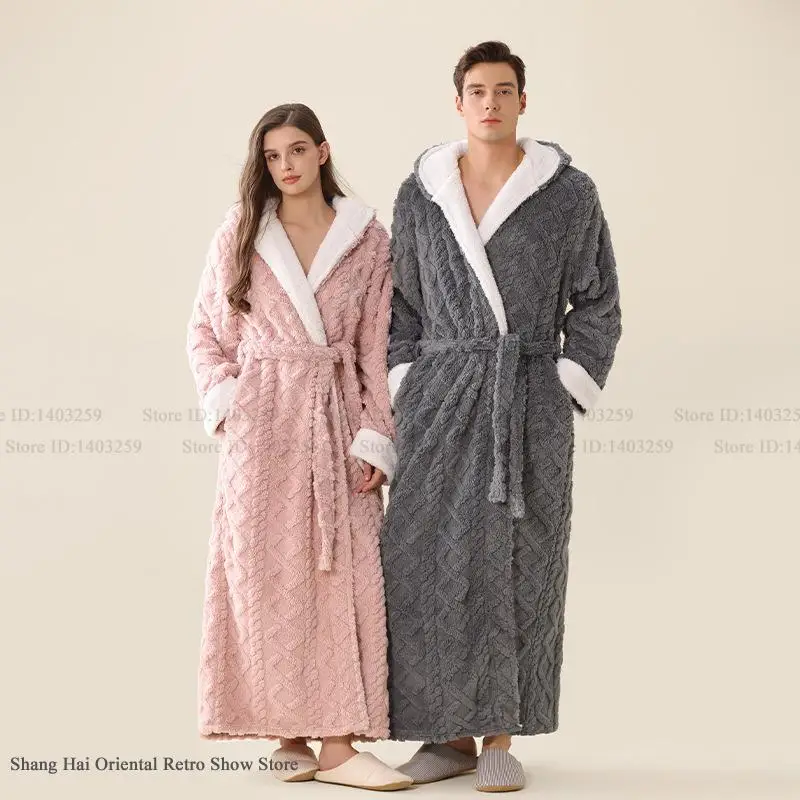 Gruby Flanelowy Szlafrok z Kapturem dla Pary, Długi, Jesienno-Zimowy, Ciepły, Domowy, Negliż, Polar Koralowy, Odzież Wypoczynkowa