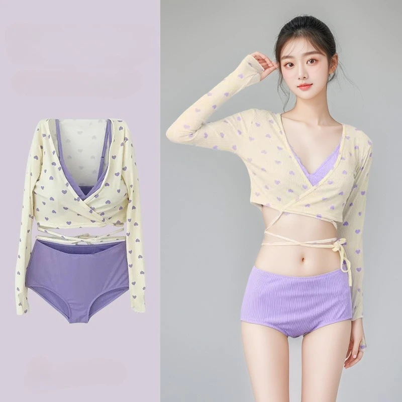 sexy purple heart print bikinis sets 3pcs swimsuits with long sleeve ruffles cross tie crop cover smock tops swimwear biquini