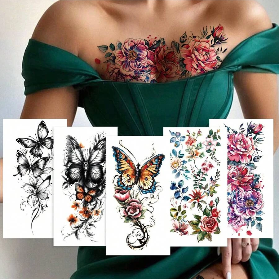 5pcs Waterproof Temporary Tattoo Sticker Lion Flower Snack Wolf Rose Tigar Dark Elegant Fake Tatto Flash Tatoo for Women Men