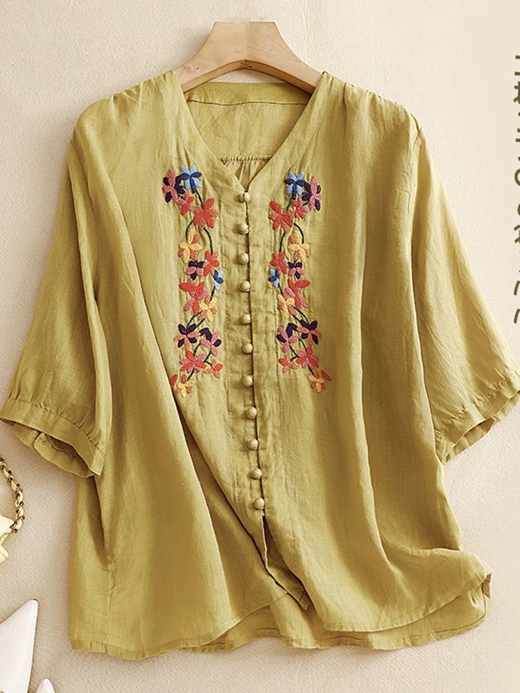 Ricamo floreale artistico retrò irt Sottile a cinque quarti Sve Casual V-Ne Top Age-Defng Cotone Abbigliamento estivo da donna