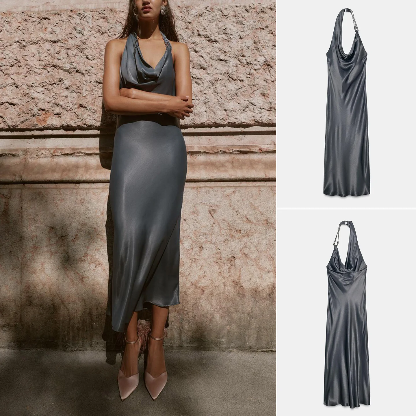 Autunno nuove donne vacanza Sle asimmetrico in rilievo raso di seta texture Midi lungo Dr V-ne A-line Slim Fit Casual Dr