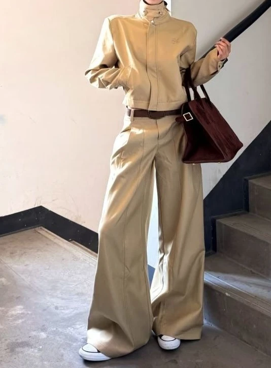 

Retro Casual Stand Up Collar Short Jacket, Women's Autumn New High Waist Wide Leg Suit Pants Set